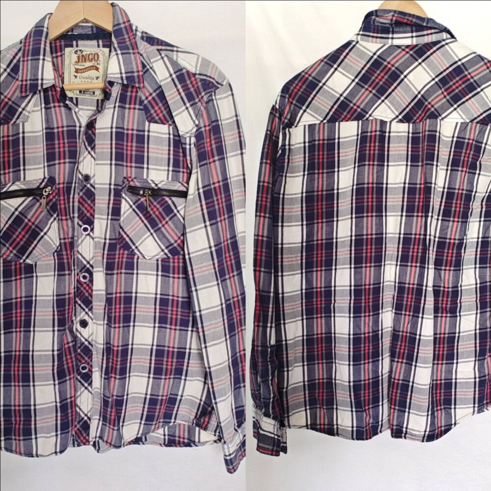 JNCO Flannel Plaid‎ Button-Up Red Navy White Zip Front Pockets XL